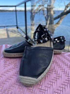 Rebecca Minkoff Gilles Black Leather Silver Studded Ankle Wrap Espadrilles